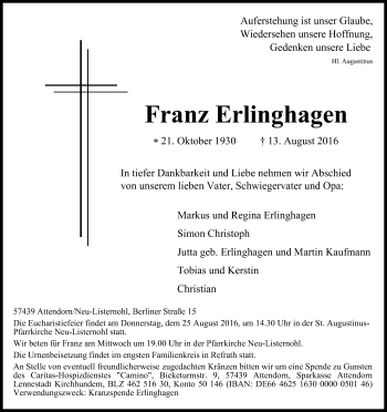 Anzeige von Franz Erlinghagen von Kölner Stadt-Anzeiger / Kölnische Rundschau / Express