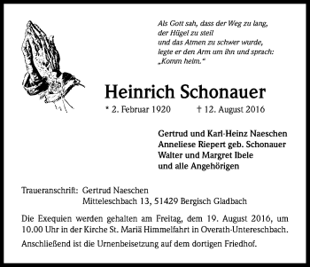 Anzeige von Heinrich Schonauer von Kölner Stadt-Anzeiger / Kölnische Rundschau / Express