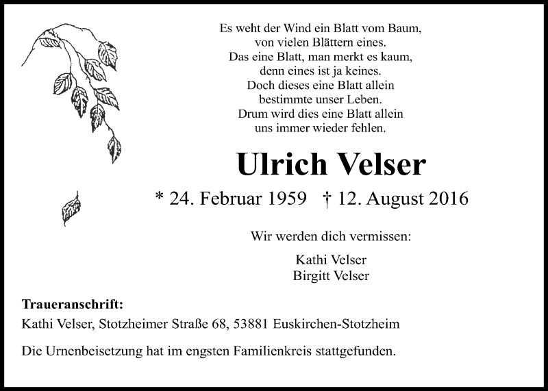  Traueranzeige für Ulrich Velser vom 27.08.2016 aus  Blickpunkt Euskirchen 