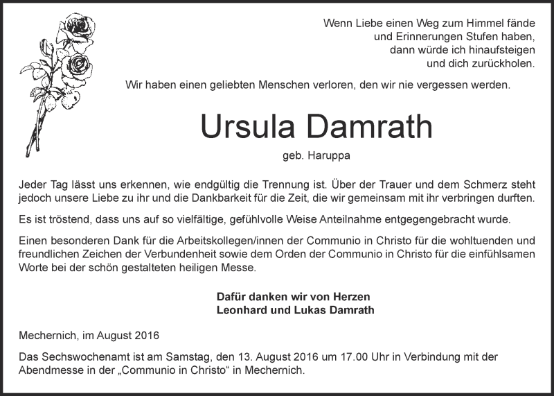  Traueranzeige für Ursula Damrath vom 06.08.2016 aus  Blickpunkt Euskirchen 