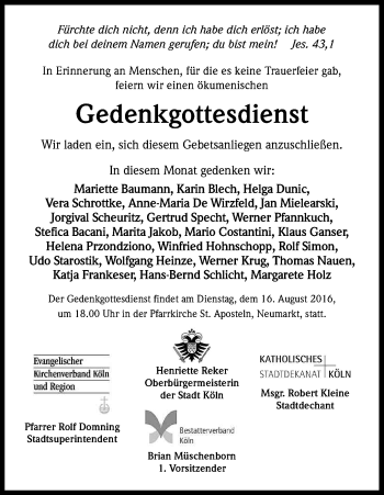 Anzeige von Totentafel vom 13.08.2016 von Kölner Stadt-Anzeiger / Kölnische Rundschau / Express