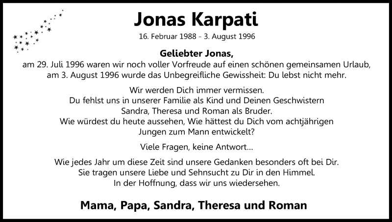 Traueranzeige für Jonas Karpati vom 03.08.2016 aus Kölner Stadt-Anzeiger / Kölnische Rundschau / Express