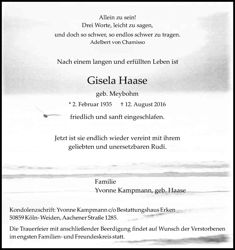  Traueranzeige für Gisela Haase vom 20.08.2016 aus Kölner Stadt-Anzeiger / Kölnische Rundschau / Express