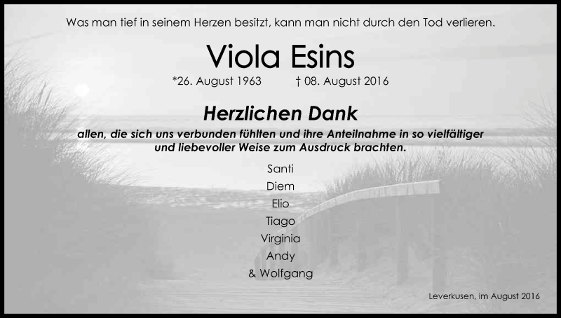  Traueranzeige für Viola Esins vom 27.08.2016 aus Kölner Stadt-Anzeiger / Kölnische Rundschau / Express