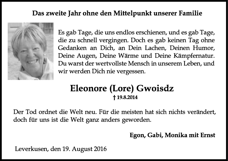  Traueranzeige für Eleonore Gwoisdz vom 19.08.2016 aus Kölner Stadt-Anzeiger / Kölnische Rundschau / Express