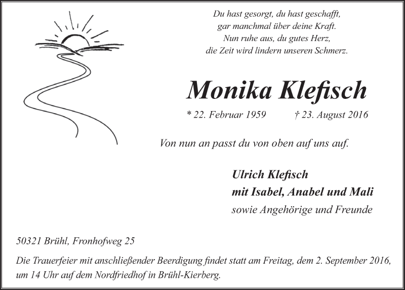  Traueranzeige für Monika Klefisch vom 31.08.2016 aus  Schlossbote/Werbekurier 