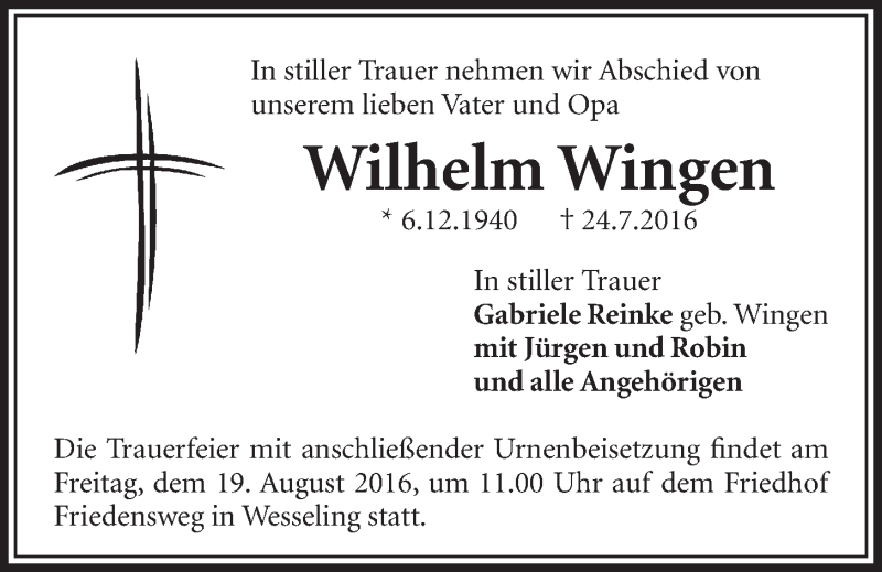  Traueranzeige für Wilhelm Wingen vom 17.08.2016 aus  Schlossbote/Werbekurier 