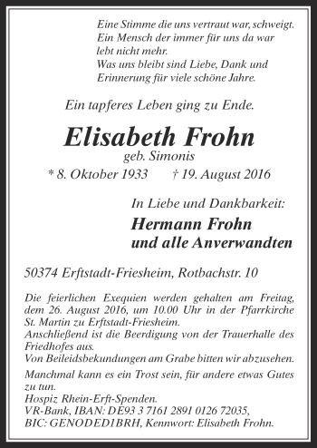 Anzeige von Elisabeth Frohn von  Werbepost 