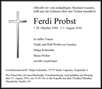 Anzeige von Ferdi Probst von  Extra Blatt 