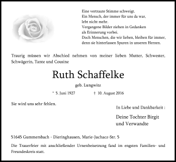 Anzeige von Ruth Schaffelke von Kölner Stadt-Anzeiger / Kölnische Rundschau / Express