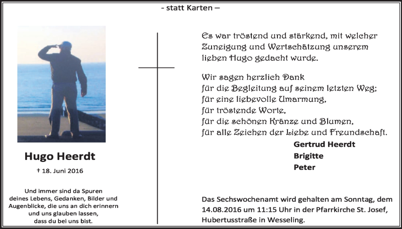  Traueranzeige für Hugo Heerdt vom 03.08.2016 aus  Schlossbote/Werbekurier 