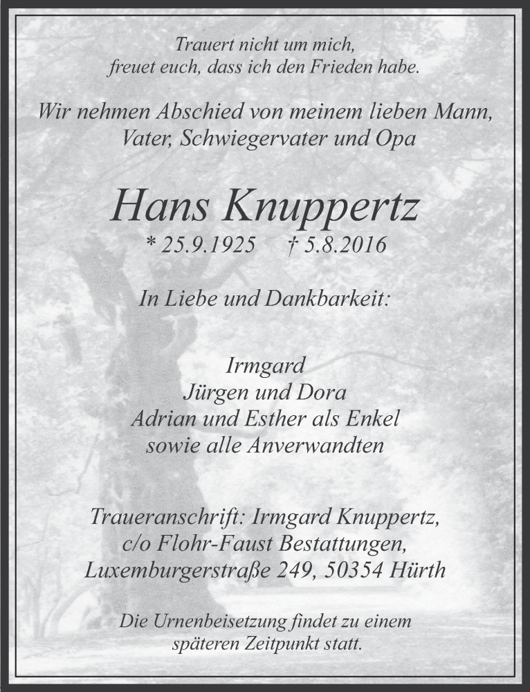  Traueranzeige für Hans Knuppertz vom 10.08.2016 aus  Wochenende 