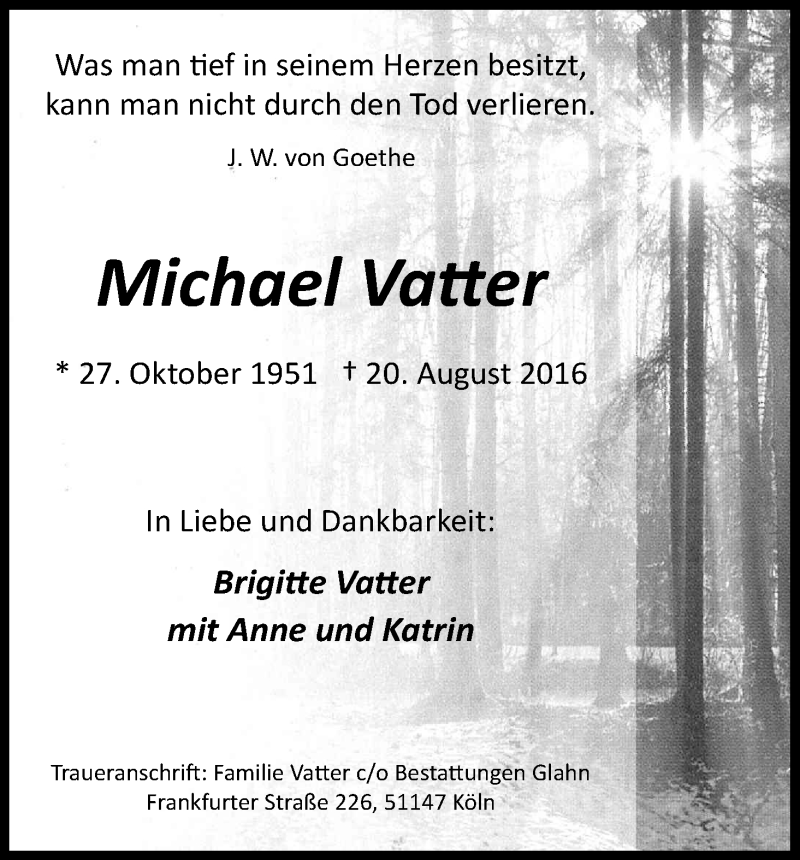  Traueranzeige für Michael Vatter vom 27.08.2016 aus Kölner Stadt-Anzeiger / Kölnische Rundschau / Express