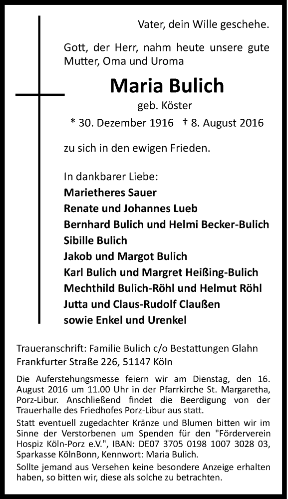  Traueranzeige für Maria Bulich vom 13.08.2016 aus 