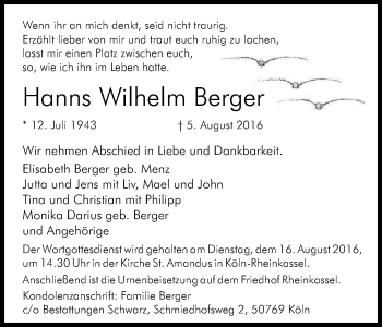 Anzeige von Hanns Wilhelm Berger von Kölner Stadt-Anzeiger / Kölnische Rundschau / Express
