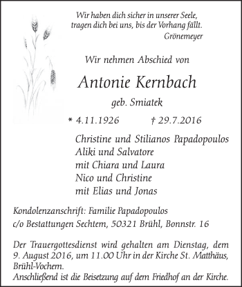 Anzeige von Antonie Kernbach von  Schlossbote/Werbekurier 