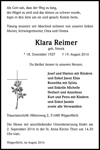Anzeige von Klara Reimer von Kölner Stadt-Anzeiger / Kölnische Rundschau / Express