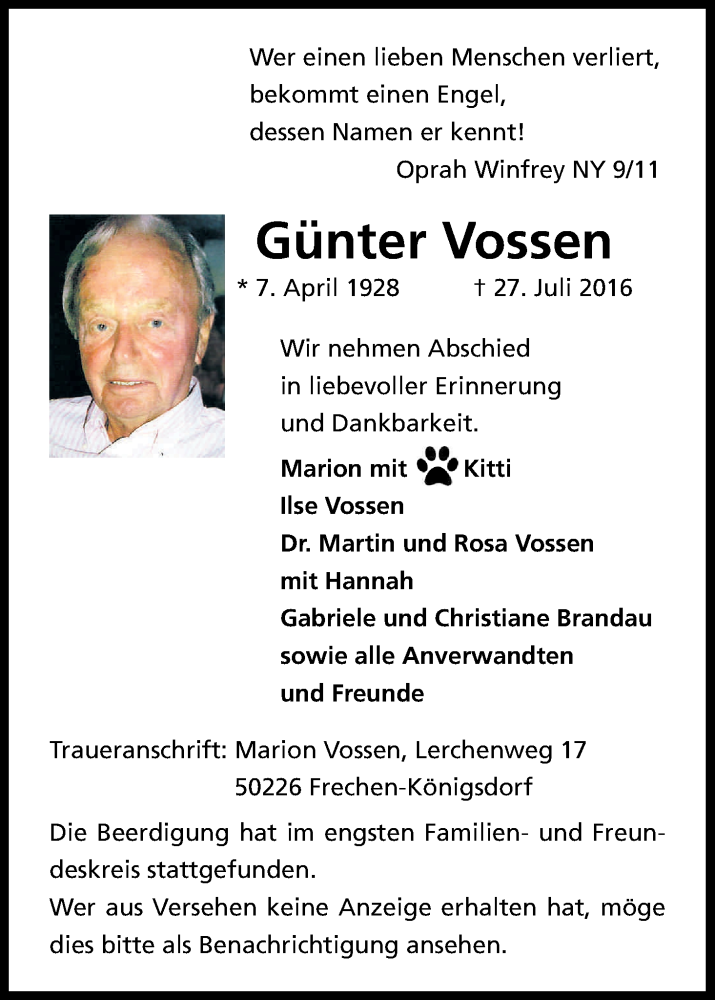  Traueranzeige für Günter Vossen vom 13.08.2016 aus Kölner Stadt-Anzeiger / Kölnische Rundschau / Express