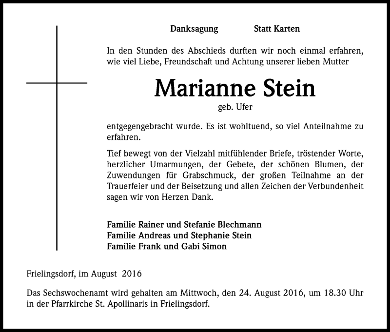  Traueranzeige für Marianne Stein vom 20.08.2016 aus Kölner Stadt-Anzeiger / Kölnische Rundschau / Express