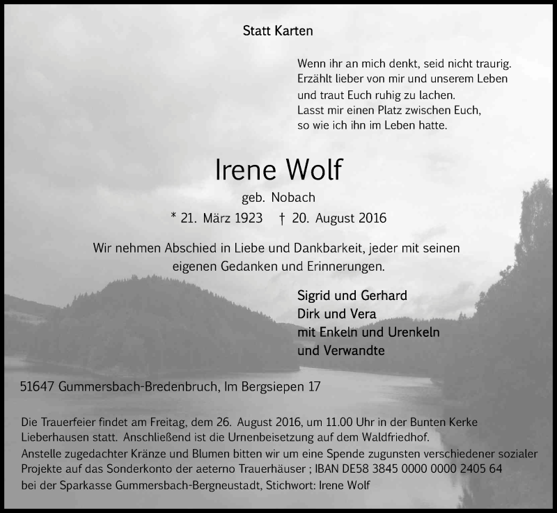  Traueranzeige für Irene Wolf vom 24.08.2016 aus Kölner Stadt-Anzeiger / Kölnische Rundschau / Express