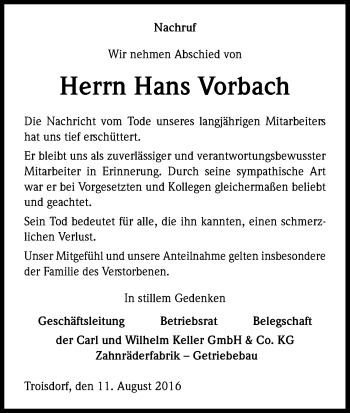 Anzeige von Hans Vorbach von Kölner Stadt-Anzeiger / Kölnische Rundschau / Express