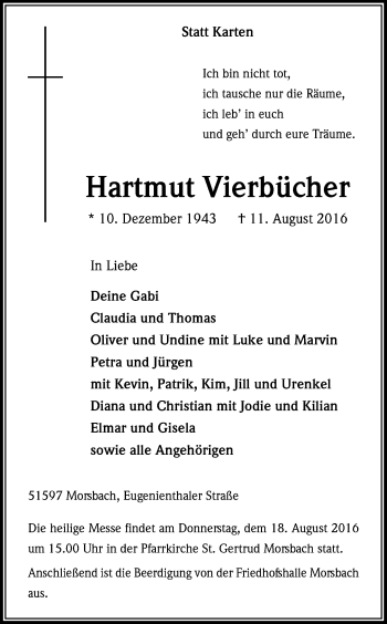Anzeige von Hartmut Vierbücher von Kölner Stadt-Anzeiger / Kölnische Rundschau / Express