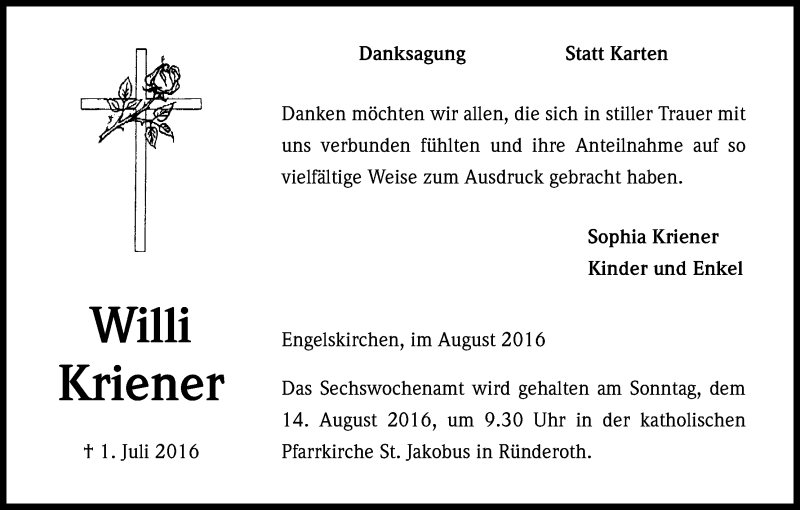  Traueranzeige für Willi Kriener vom 06.08.2016 aus Kölner Stadt-Anzeiger / Kölnische Rundschau / Express