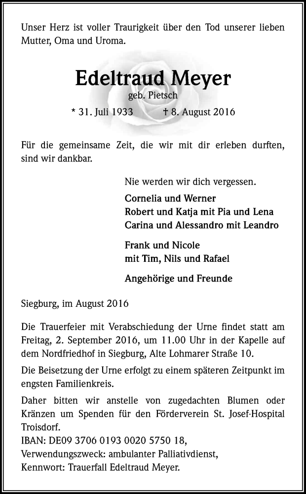  Traueranzeige für Edeltraud Meyer vom 27.08.2016 aus Kölner Stadt-Anzeiger / Kölnische Rundschau / Express