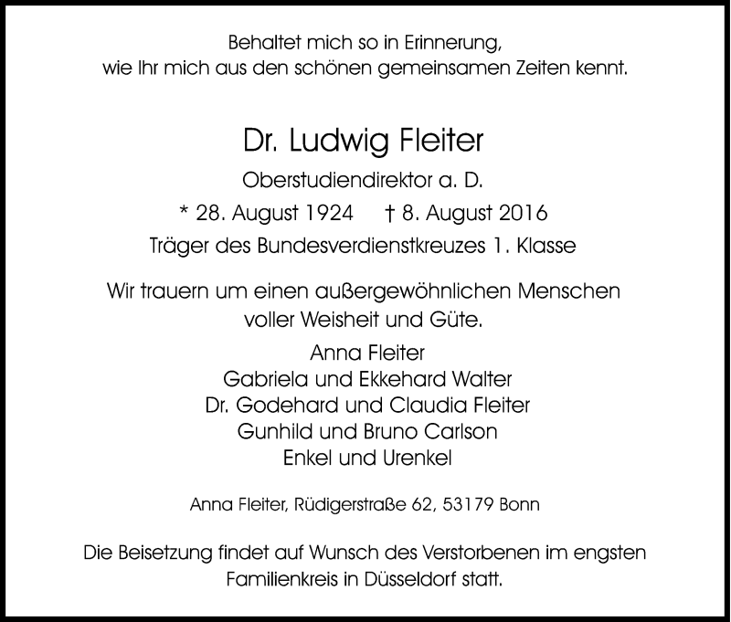  Traueranzeige für Ludwig Fleiter vom 13.08.2016 aus Kölner Stadt-Anzeiger / Kölnische Rundschau / Express
