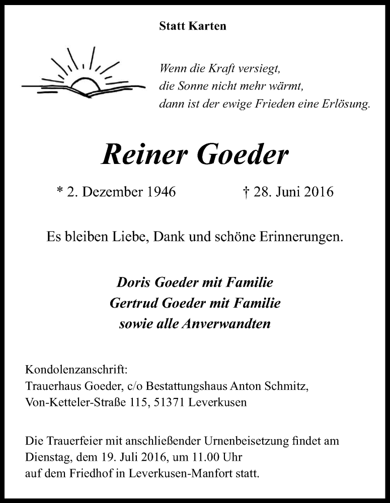  Traueranzeige für Reiner Goeder vom 13.07.2016 aus Kölner Stadt-Anzeiger / Kölnische Rundschau / Express