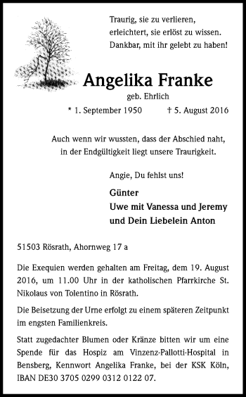 Anzeige von Angelika Franke von Kölner Stadt-Anzeiger / Kölnische Rundschau / Express