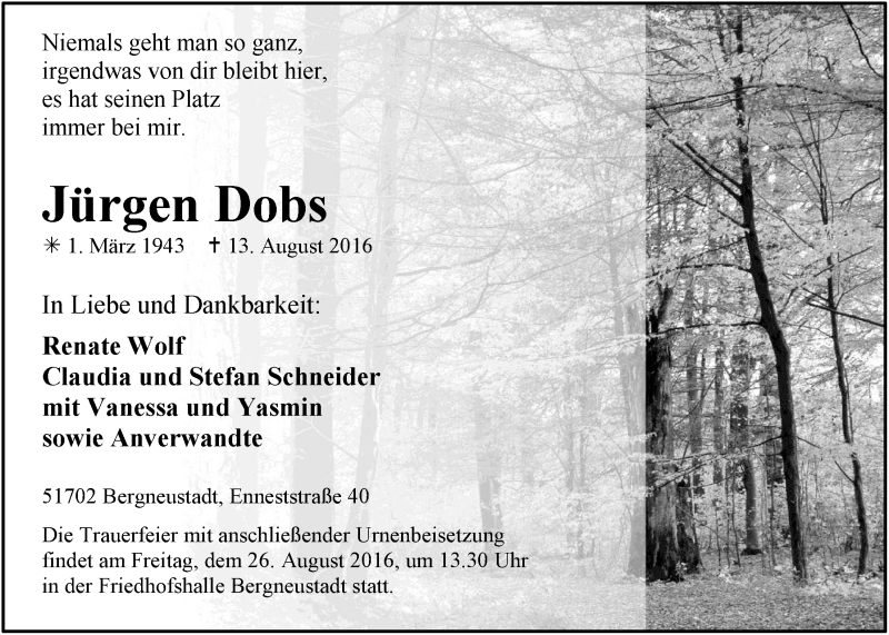  Traueranzeige für Jürgen Dobs vom 24.08.2016 aus  Anzeigen Echo 