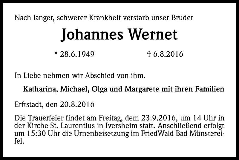  Traueranzeige für Johannes Wernet vom 20.08.2016 aus Kölner Stadt-Anzeiger / Kölnische Rundschau / Express