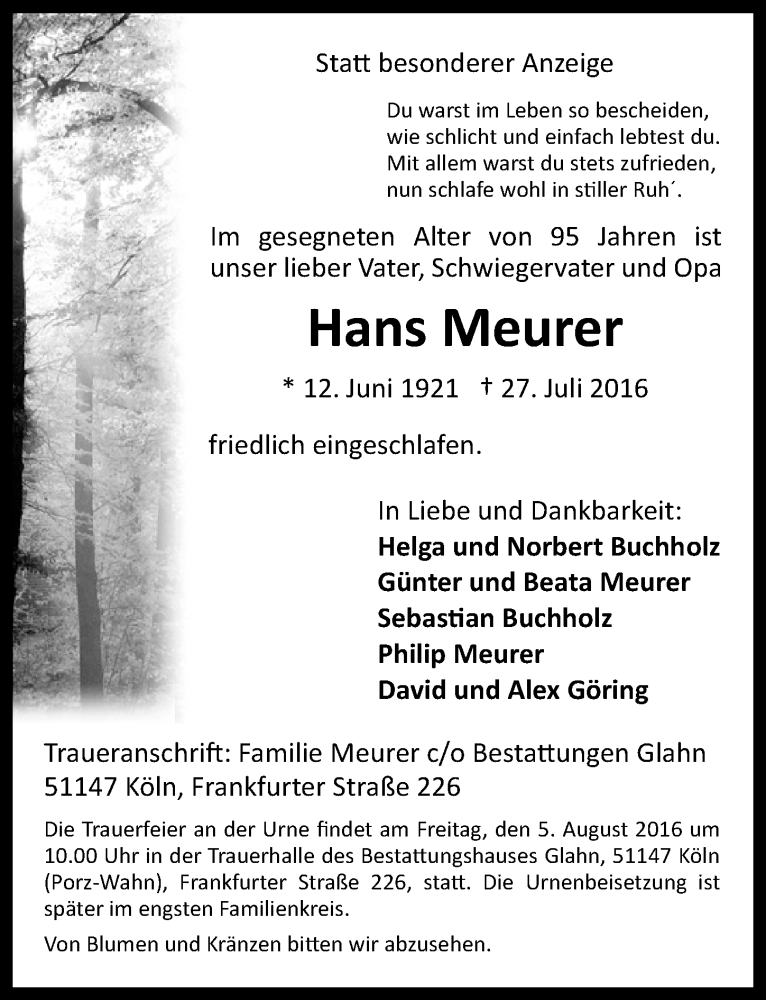  Traueranzeige für Hans Meurer vom 03.08.2016 aus  Kölner Wochenspiegel  Extra Blatt 