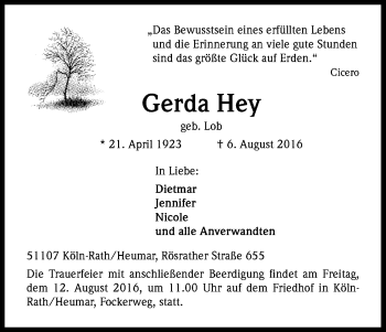 Anzeige von Gerda Hey von Kölner Stadt-Anzeiger / Kölnische Rundschau / Express