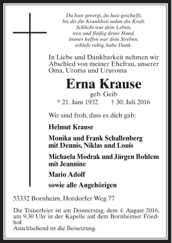 Anzeige von Erna Krause von  Schaufenster/Blickpunkt 