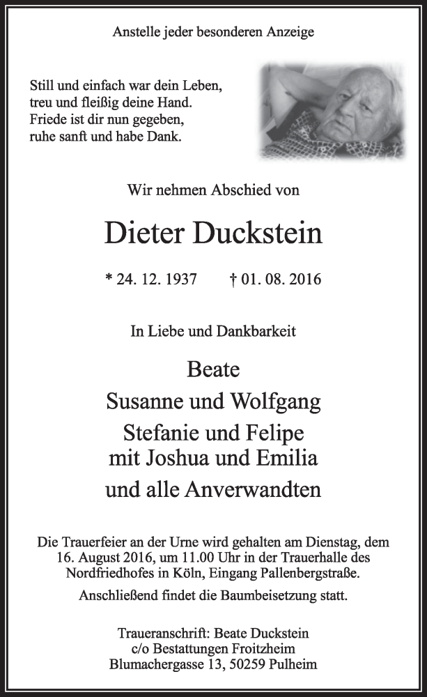  Traueranzeige für Dieter Duckstein vom 06.08.2016 aus  Sonntags-Post 