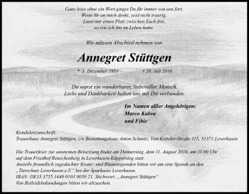 Anzeige von Annegret Stüttgen von Kölner Stadt-Anzeiger / Kölnische Rundschau / Express