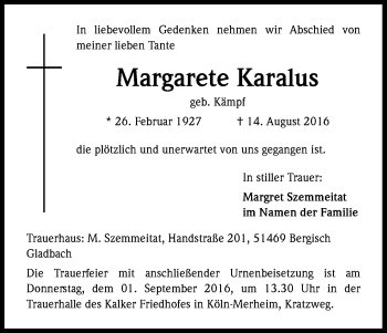 Anzeige von Margarete Karalus von Kölner Stadt-Anzeiger / Kölnische Rundschau / Express