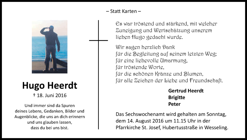  Traueranzeige für Hugo Heerdt vom 06.08.2016 aus Kölner Stadt-Anzeiger / Kölnische Rundschau / Express