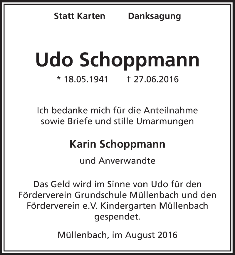  Traueranzeige für Udo Schoppmann vom 10.08.2016 aus  Anzeigen Echo 