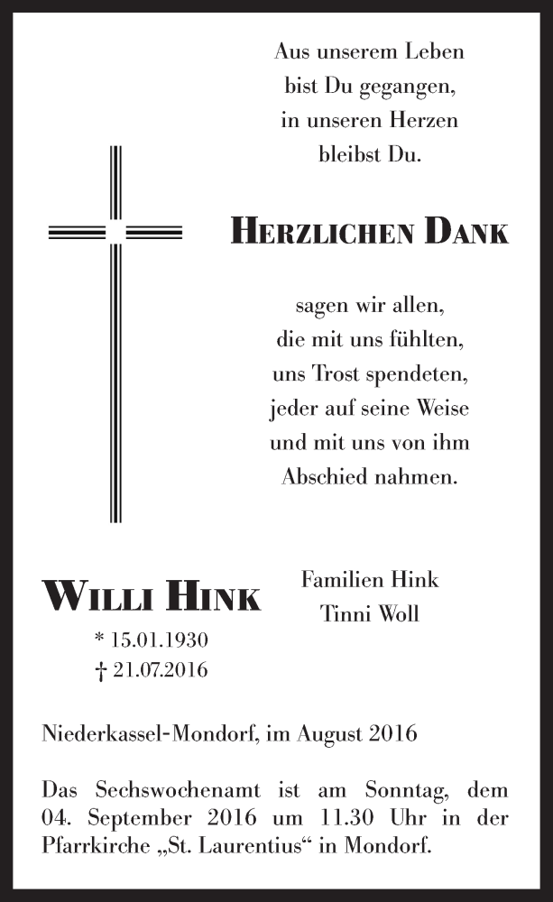 Traueranzeige für Willi Hink vom 31.08.2016 aus  Extra Blatt 