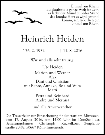 Anzeige von Heinrich Heiden von Kölner Stadt-Anzeiger / Kölnische Rundschau / Express