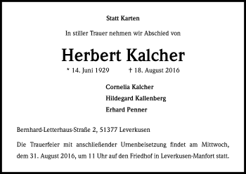 Anzeige von Herbert Kalcher von Kölner Stadt-Anzeiger / Kölnische Rundschau / Express