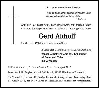 Anzeige von Gerd Althoff von Kölner Stadt-Anzeiger / Kölnische Rundschau / Express