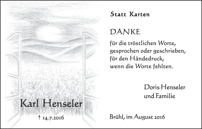  Traueranzeige für Karl Henseler vom 10.08.2016 aus  Schlossbote/Werbekurier 