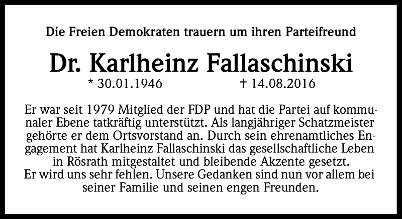 Traueranzeige für Karlheinz Fallaschinski vom 20.08.2016 aus Kölner Stadt-Anzeiger / Kölnische Rundschau / Express