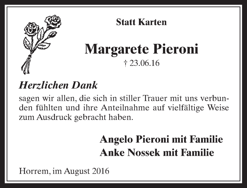  Traueranzeige für Margarete Pieroni vom 13.08.2016 aus  Sonntags-Post 