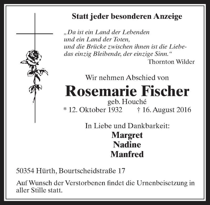  Traueranzeige für Rosemarie Fischer vom 24.08.2016 aus  Wochenende 