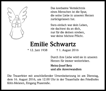 Anzeige von Emilie Schwartz von Kölner Stadt-Anzeiger / Kölnische Rundschau / Express